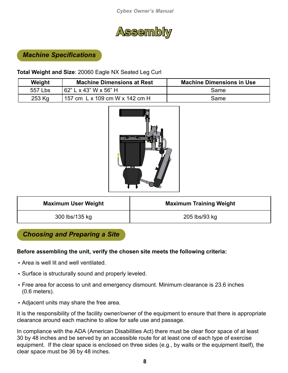 Assembly, Machine specifications, Choosing and preparing a site | Cybex 20060 Eagle NX Seated Leg Curl User Manual | Page 8 / 30