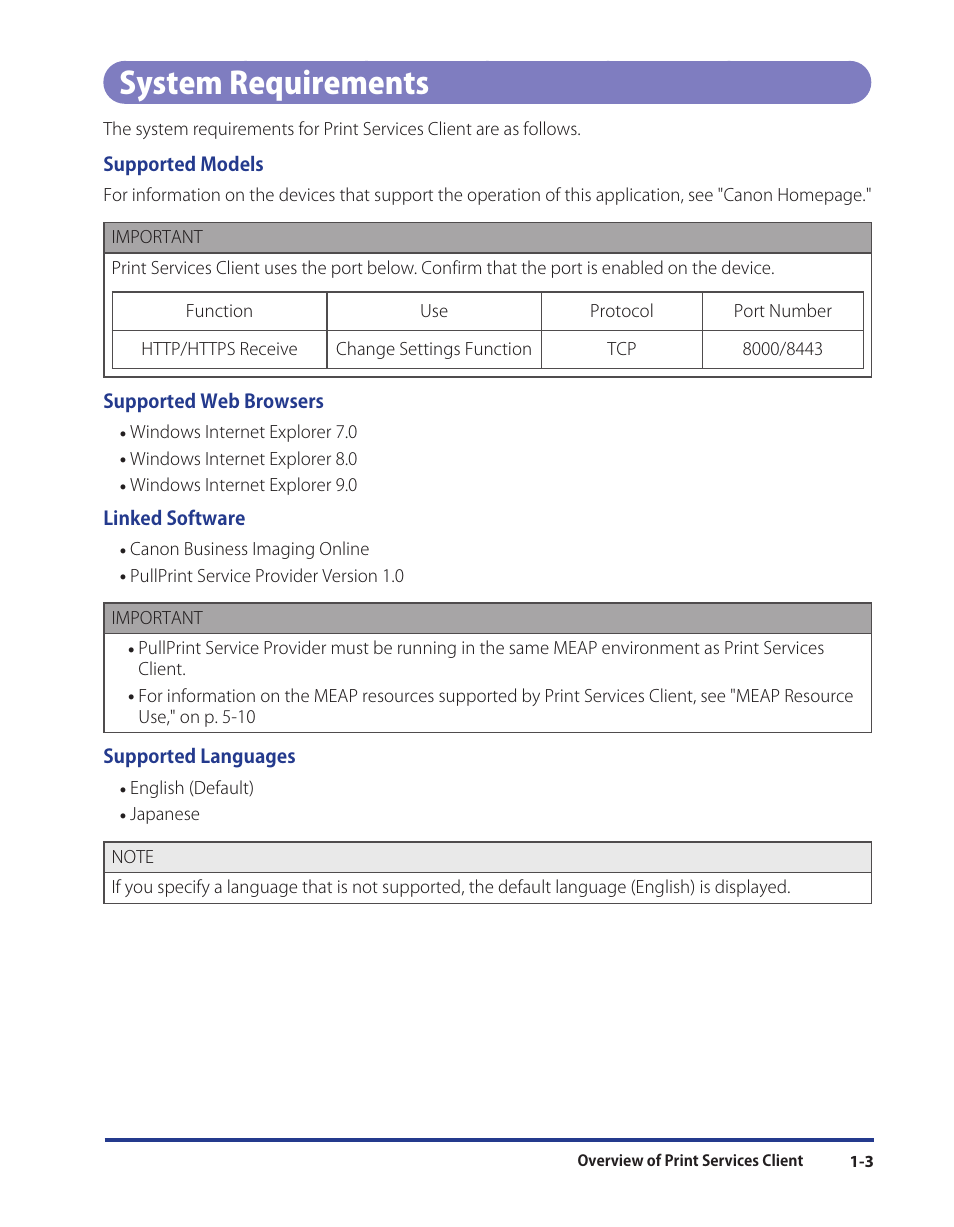 System requirements, System requirements -3 | Canon Print Services Client 1 User Manual | Page 11 / 76