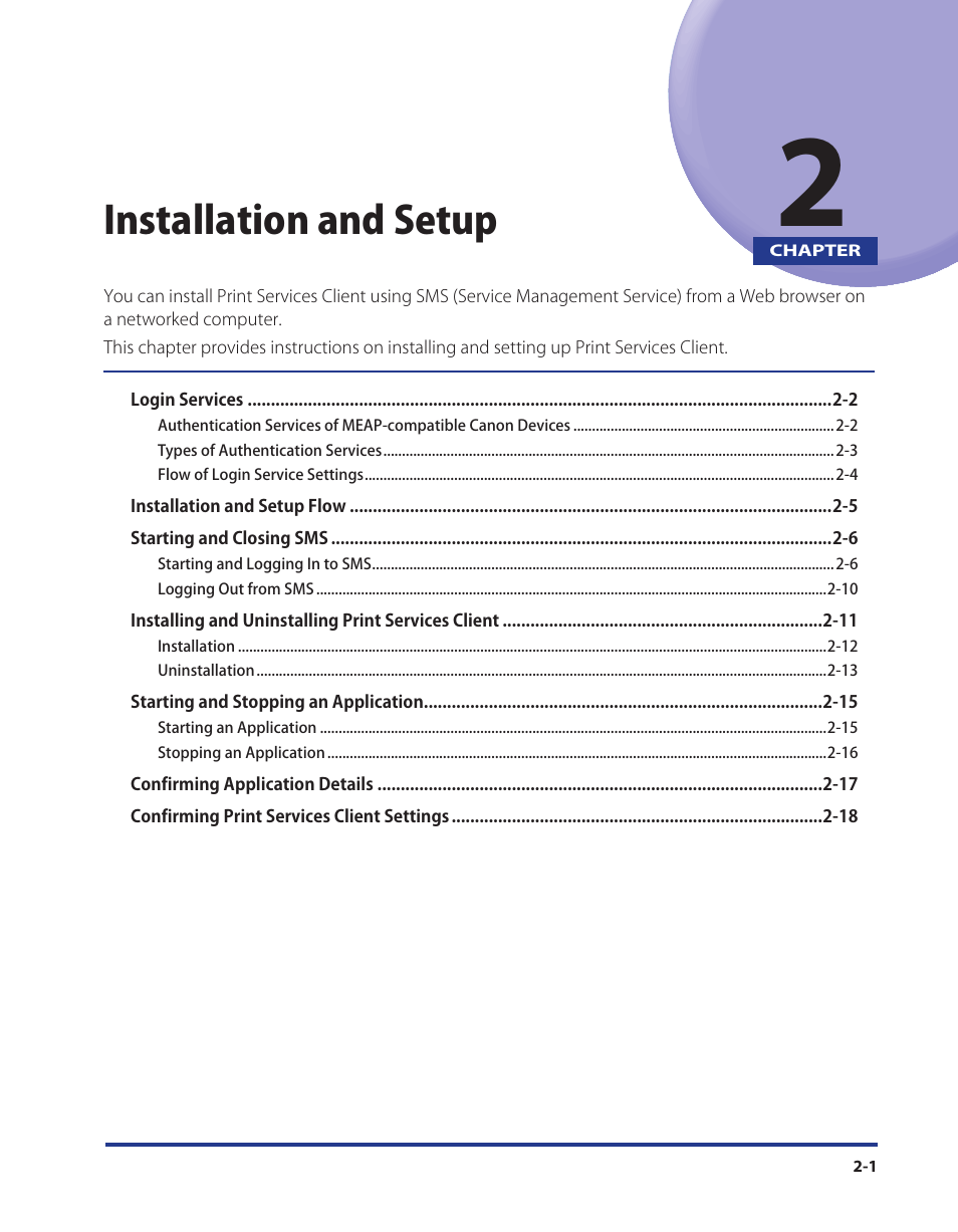 Chapter 2 installation and setup, Installation and setup (p. 2-1), Installation and setup | Canon Print Services Client 1 User Manual | Page 13 / 76