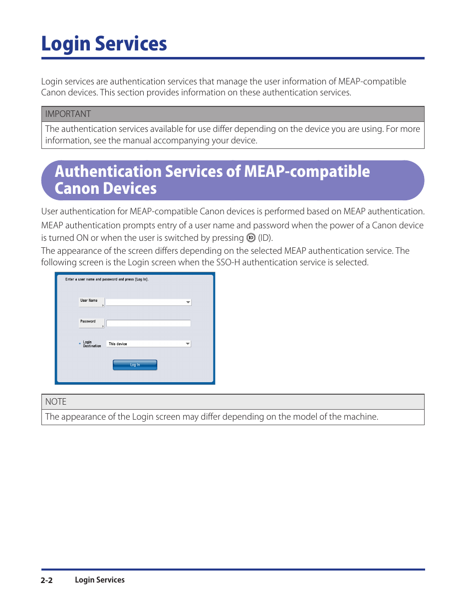 Login services, Login services -2 | Canon Print Services Client 1 User Manual | Page 14 / 76