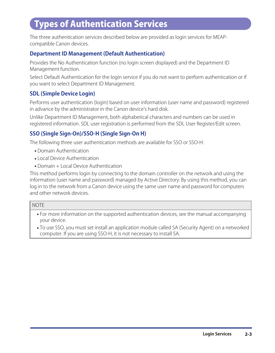 Types of authentication services, Types of authentication services -3 | Canon Print Services Client 1 User Manual | Page 15 / 76