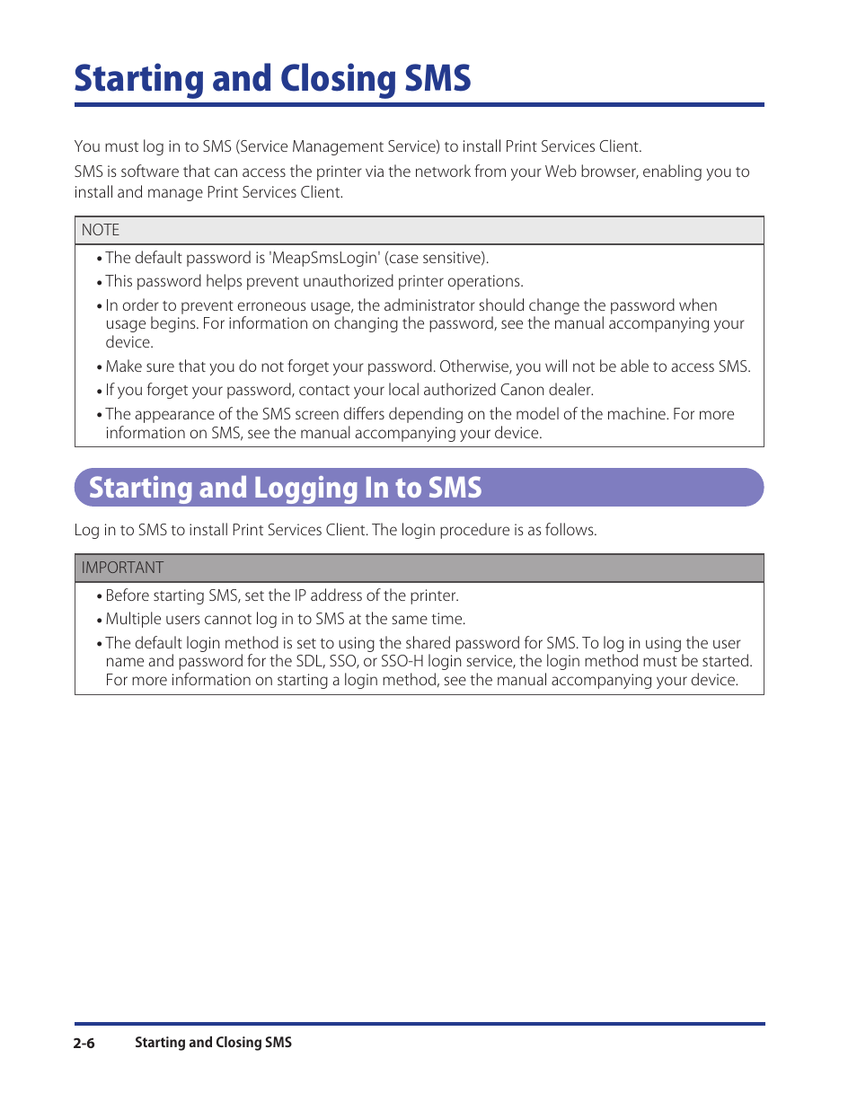 Starting and closing sms, Starting and logging in to sms, Starting and closing sms -6 | Starting and logging in to sms -6, Starting and logging in to sms (p. 2-6) | Canon Print Services Client 1 User Manual | Page 18 / 76