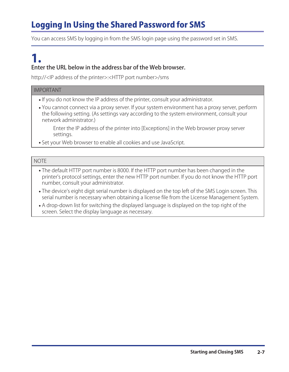 Logging in using the shared password for sms | Canon Print Services Client 1 User Manual | Page 19 / 76