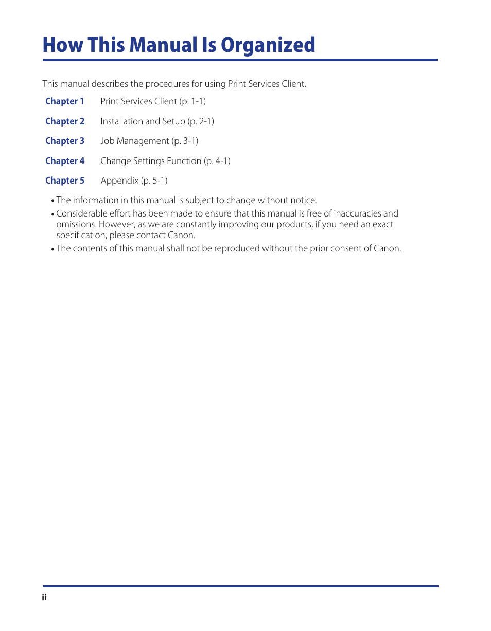How this manual is organized | Canon Print Services Client 1 User Manual | Page 2 / 76