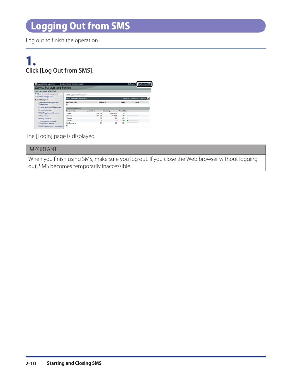 Logging out from sms, Logging out from sms -10 | Canon Print Services Client 1 User Manual | Page 22 / 76