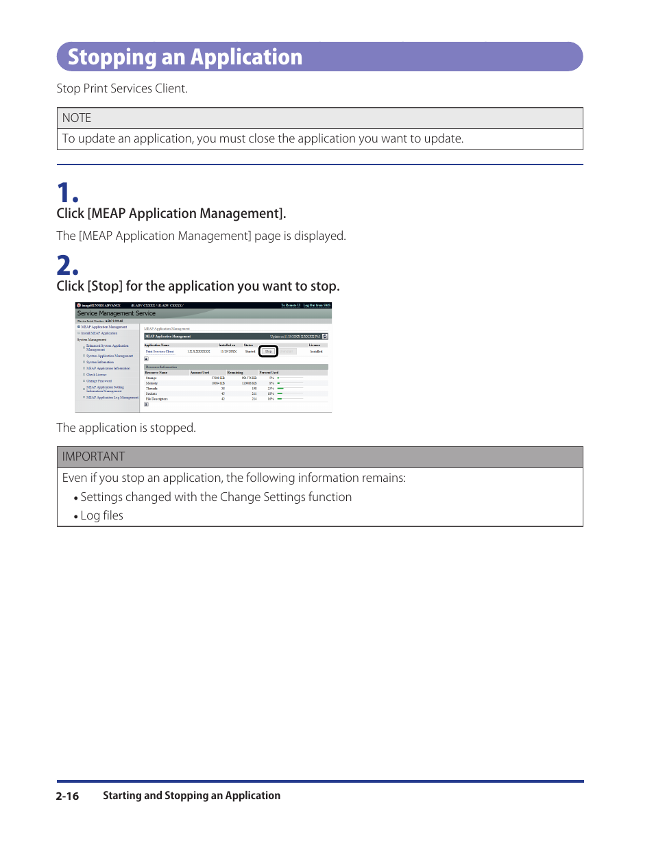 Stopping an application, Stopping an application -16 | Canon Print Services Client 1 User Manual | Page 28 / 76