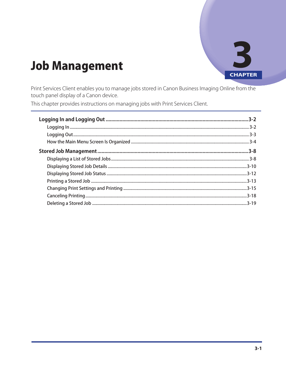 Chapter 3 job management, Job management (p. 3-1), Job management | Canon Print Services Client 1 User Manual | Page 31 / 76