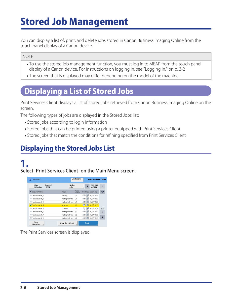 Stored job management, Displaying a list of stored jobs, Stored job management -8 | Displaying a list of stored jobs -8, Displaying the stored jobs list | Canon Print Services Client 1 User Manual | Page 38 / 76