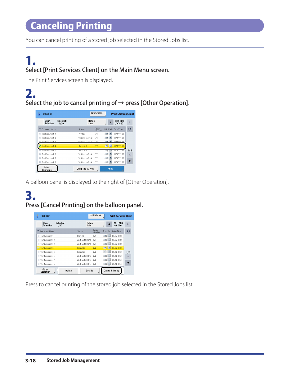 Canceling printing, Canceling printing -18 | Canon Print Services Client 1 User Manual | Page 48 / 76