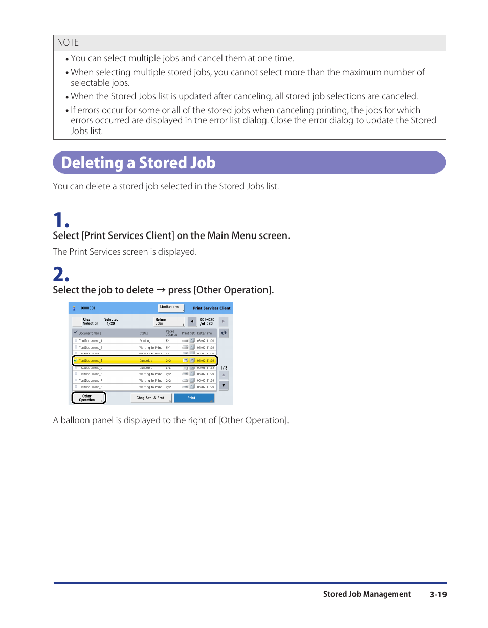Deleting a stored job, Deleting a stored job -19 | Canon Print Services Client 1 User Manual | Page 49 / 76