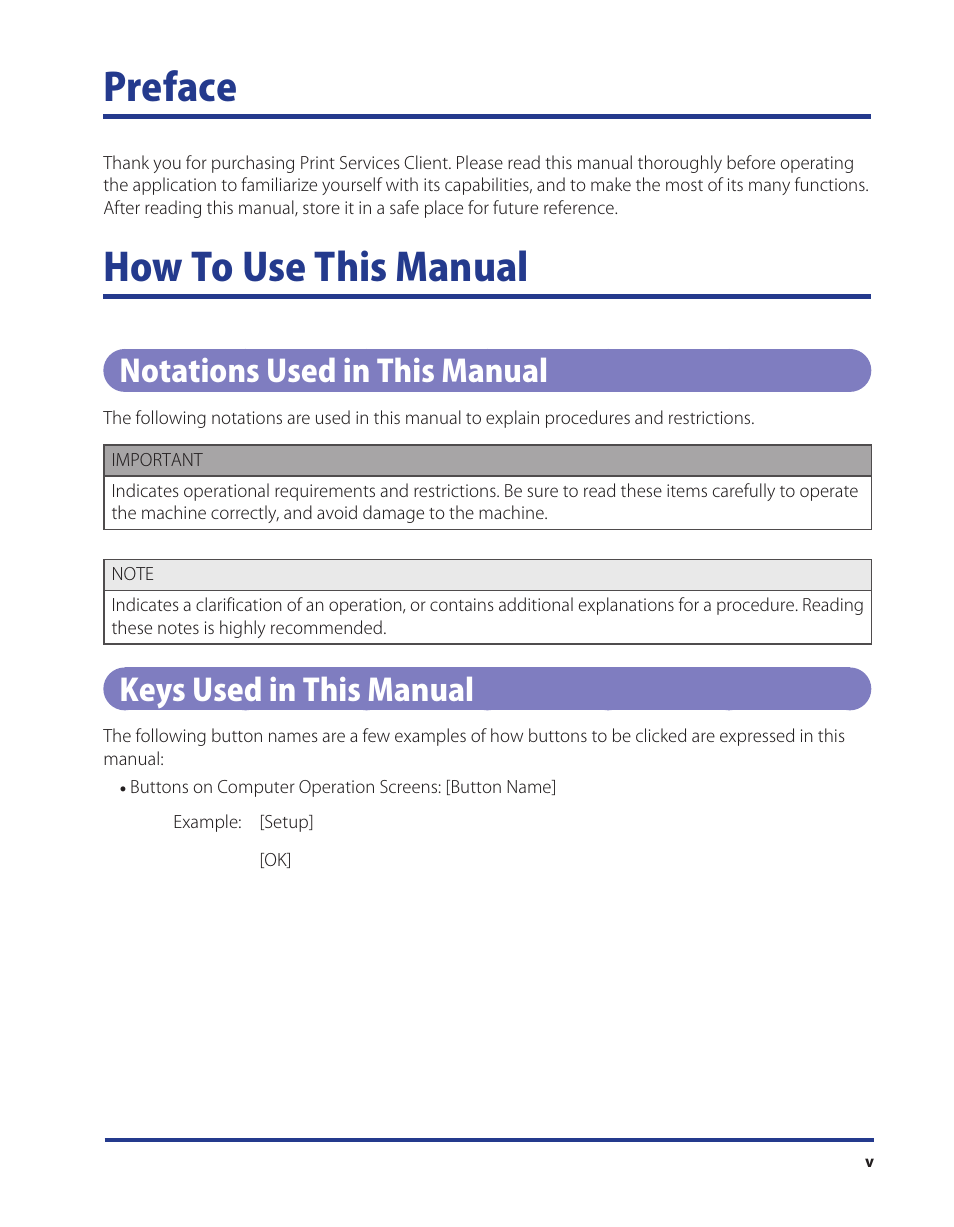 Preface, How to use this manual, Notations used in this manual | Keys used in this manual | Canon Print Services Client 1 User Manual | Page 5 / 76