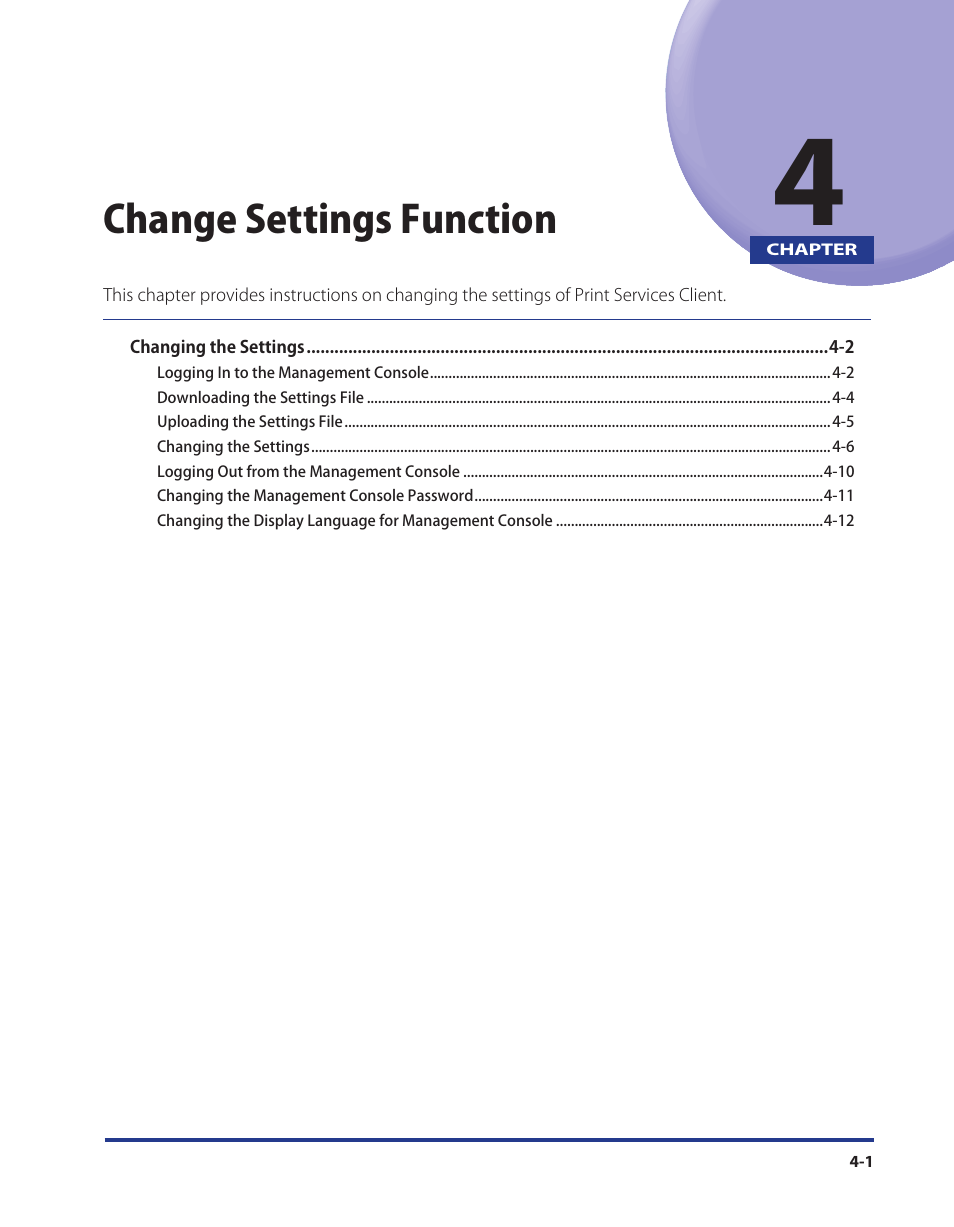 Chapter 4 change settings function, Change settings function (p. 4-1), Change settings function | Canon Print Services Client 1 User Manual | Page 53 / 76