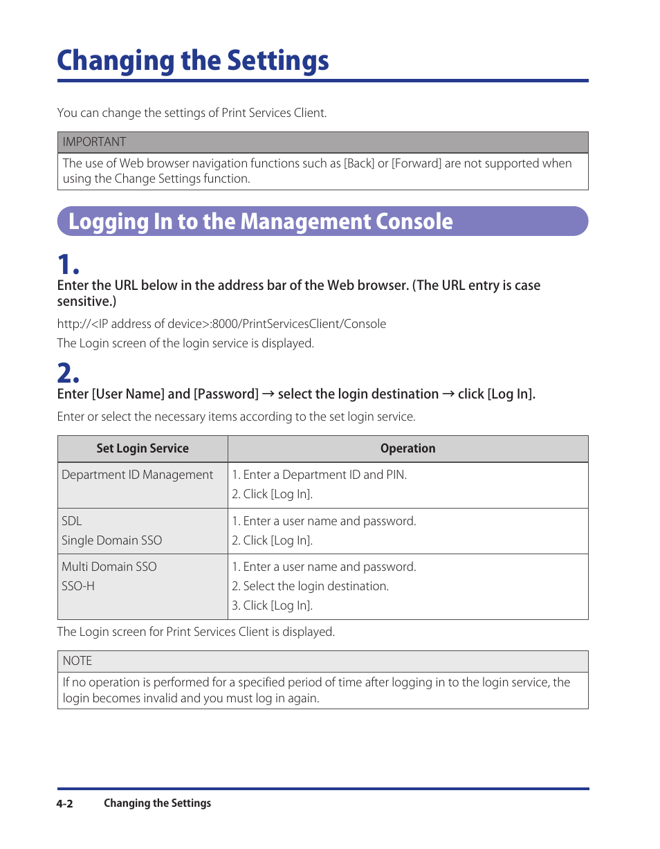 Changing the settings, Logging in to the management console, Changing the settings -2 | Logging in to the management console -2 | Canon Print Services Client 1 User Manual | Page 54 / 76