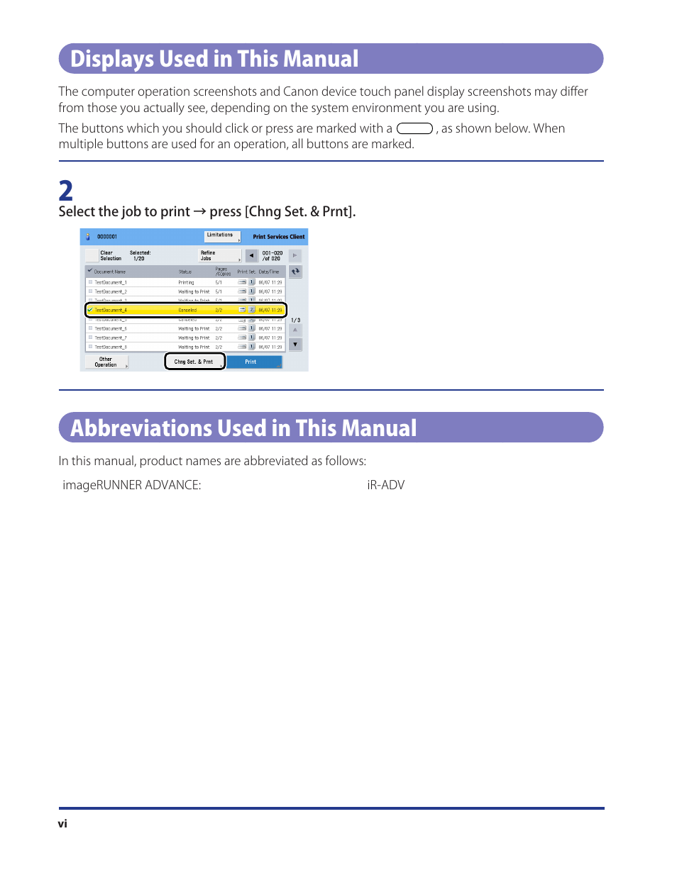 Displays used in this manual, Abbreviations used in this manual | Canon Print Services Client 1 User Manual | Page 6 / 76