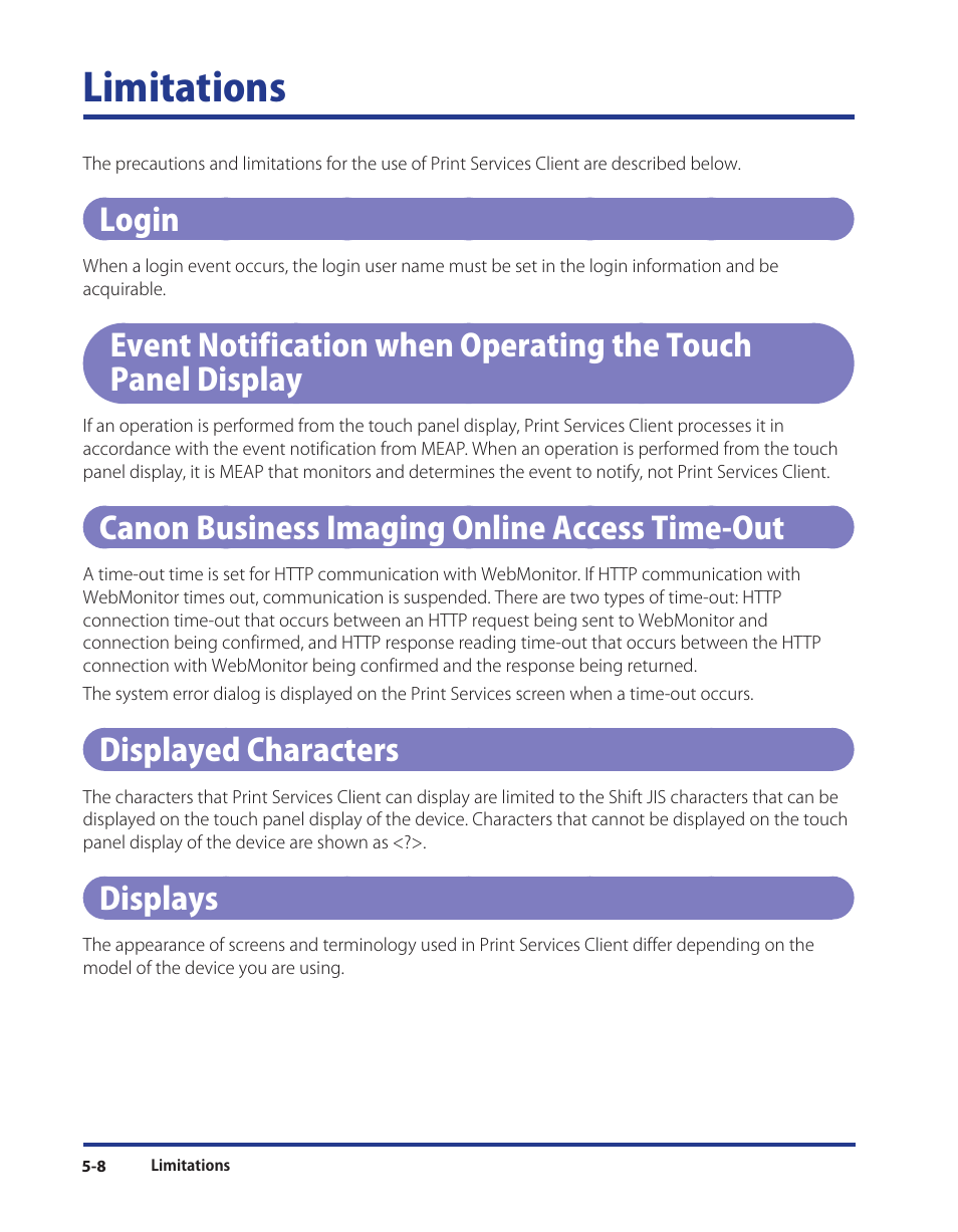 Limitations, Login, Canon business imaging online access time-out | Displayed characters, Displays, Limitations -8 | Canon Print Services Client 1 User Manual | Page 72 / 76