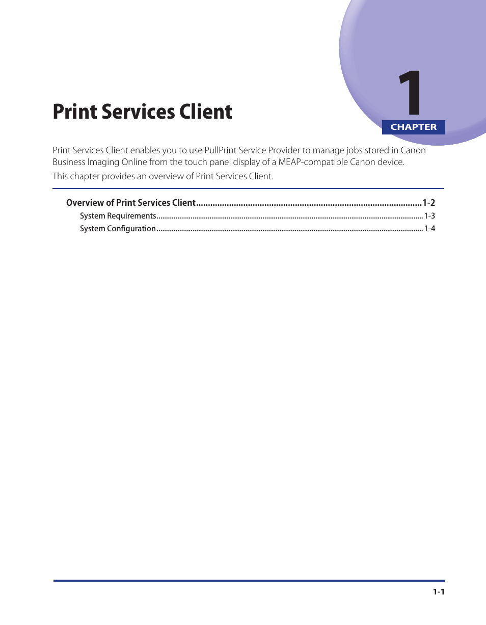 Chapter 1 print services client, Print services client (p. 1-1), Print services client | Canon Print Services Client 1 User Manual | Page 9 / 76