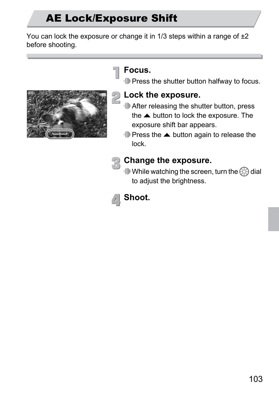 Ae lock/exposure shift | Canon 300 HS User Manual | Page 103 / 178