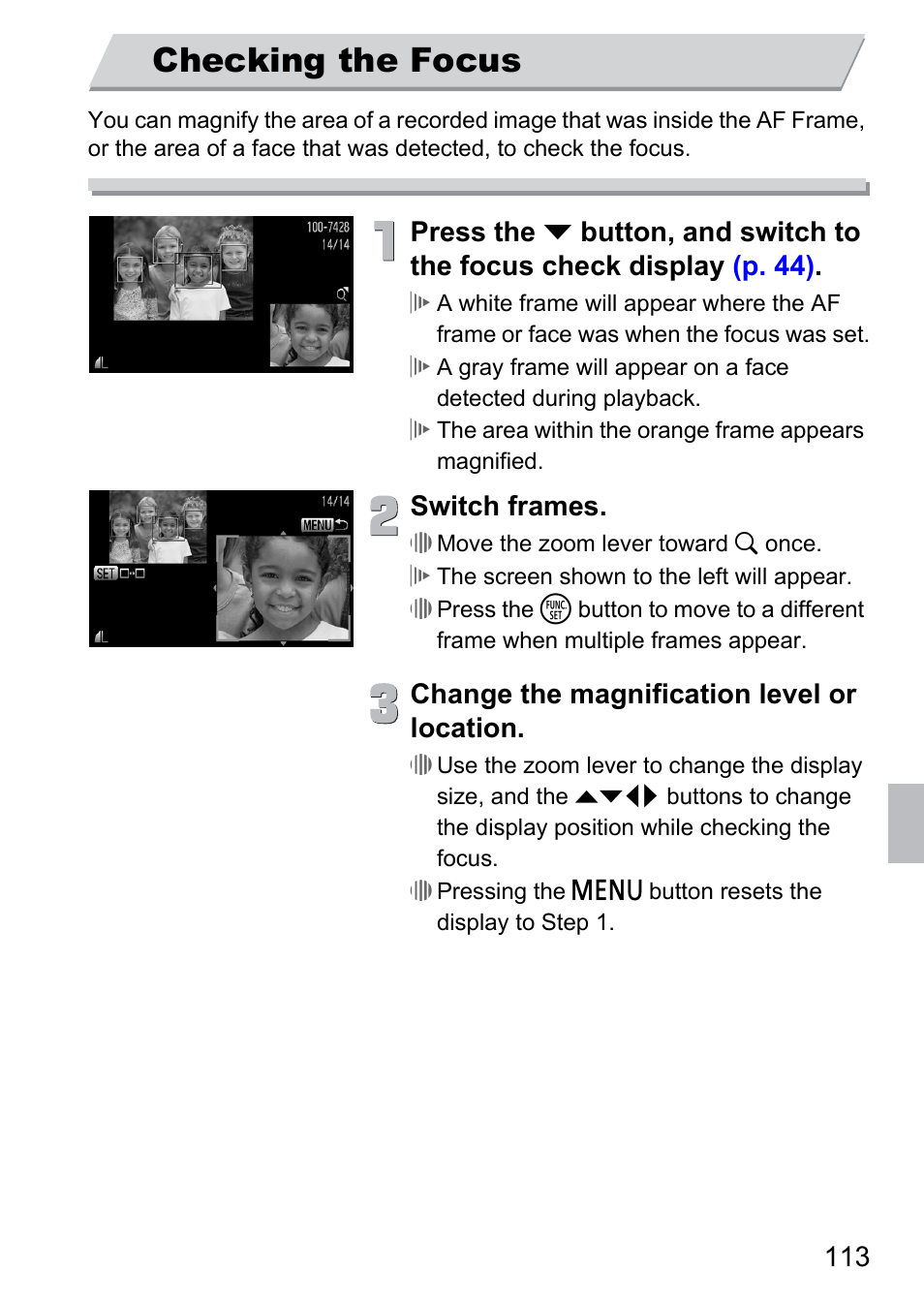 Checking the focus, P. 113), Switch frames | Change the magnification level or location | Canon 300 HS User Manual | Page 113 / 178