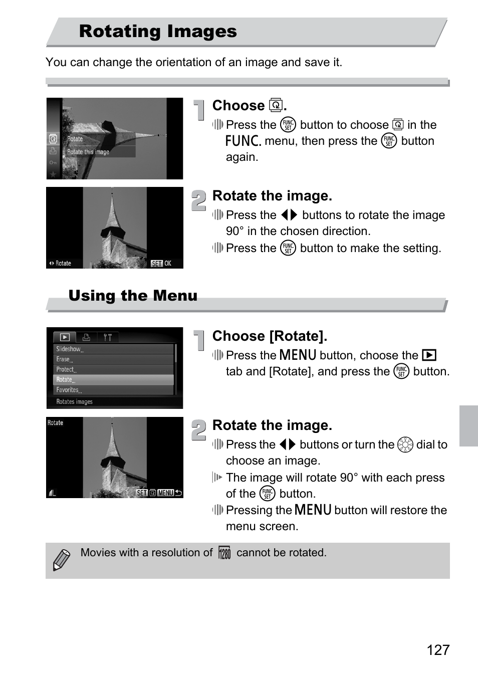 Rotating images, Ages, P. 127) | Using the menu, Choose, Rotate the image, Choose [rotate | Canon 300 HS User Manual | Page 127 / 178