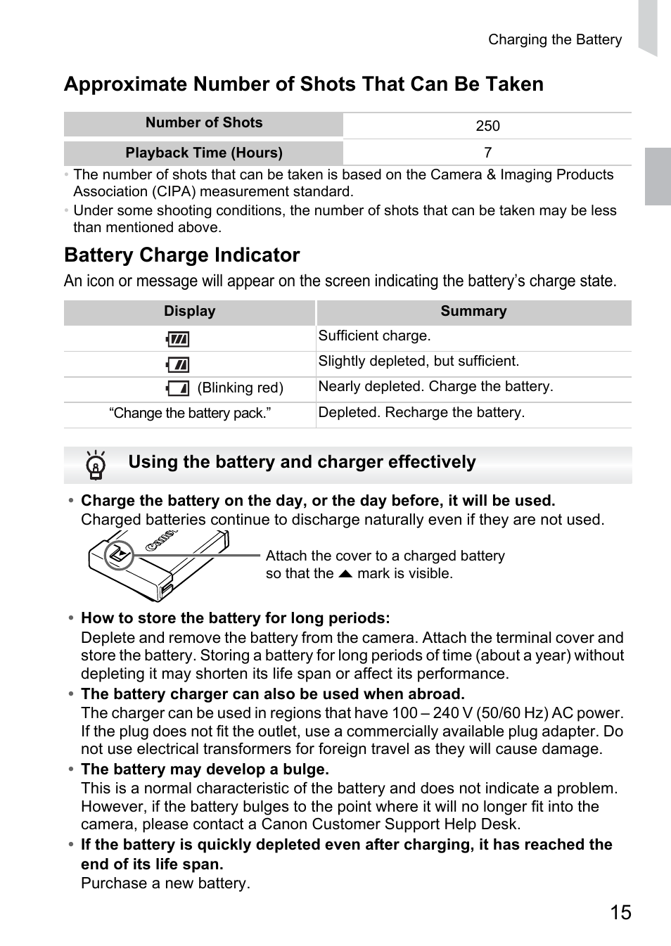 15 approximate number of shots that can be taken, Battery charge indicator | Canon 300 HS User Manual | Page 15 / 178