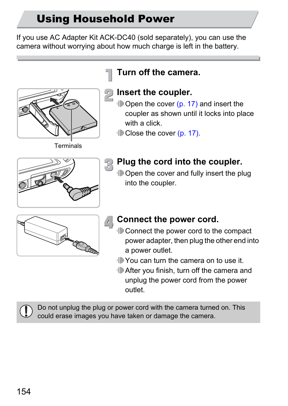 Using household power, P. 154), Turn off the camera. insert the coupler | Plug the cord into the coupler, Connect the power cord | Canon 300 HS User Manual | Page 154 / 178