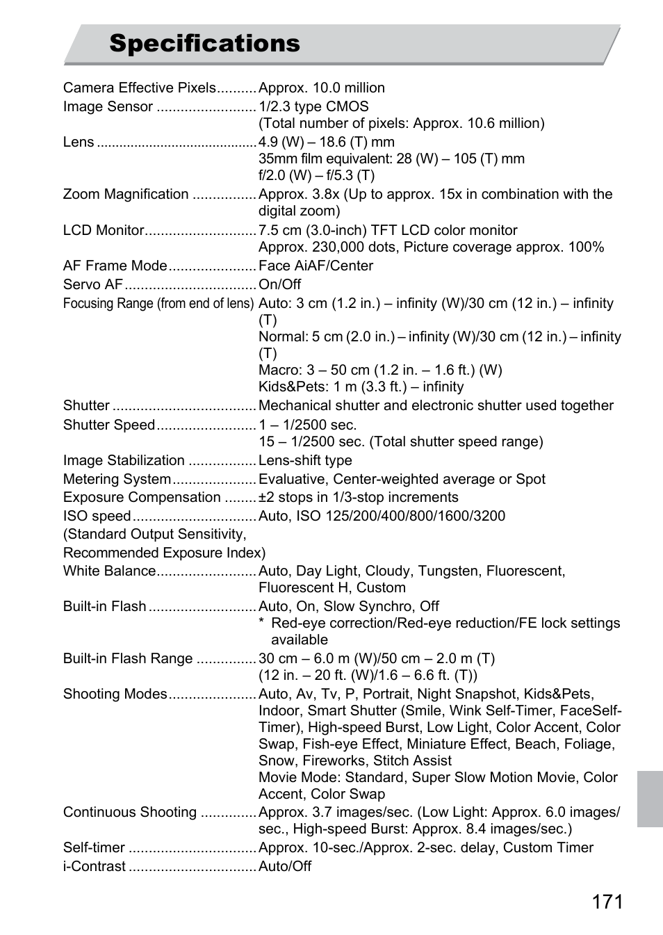 Specifications, P. 171) | Canon 300 HS User Manual | Page 171 / 178