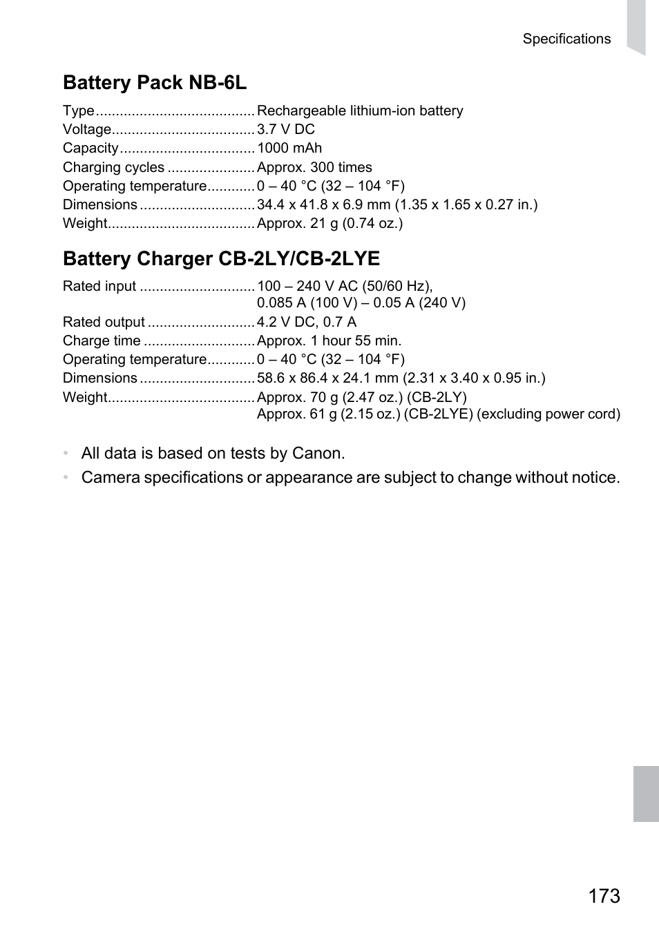 173 battery pack nb-6l, Battery charger cb-2ly/cb-2lye | Canon 300 HS User Manual | Page 173 / 178