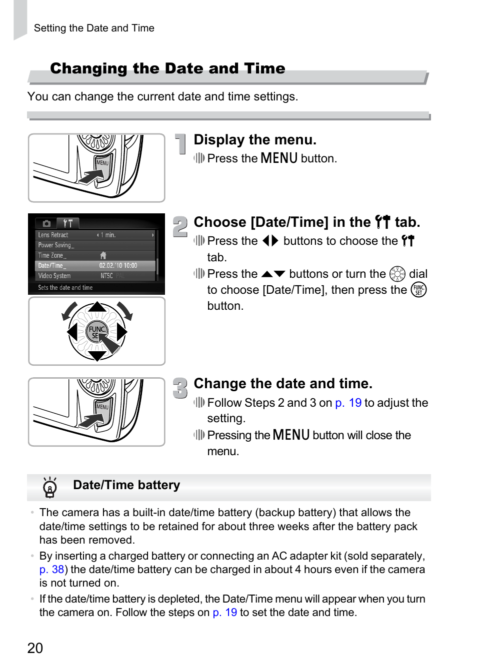 Changing the date and time, Display the menu, Choose [date/time] in the 3 tab | Change the date and time | Canon 300 HS User Manual | Page 20 / 178