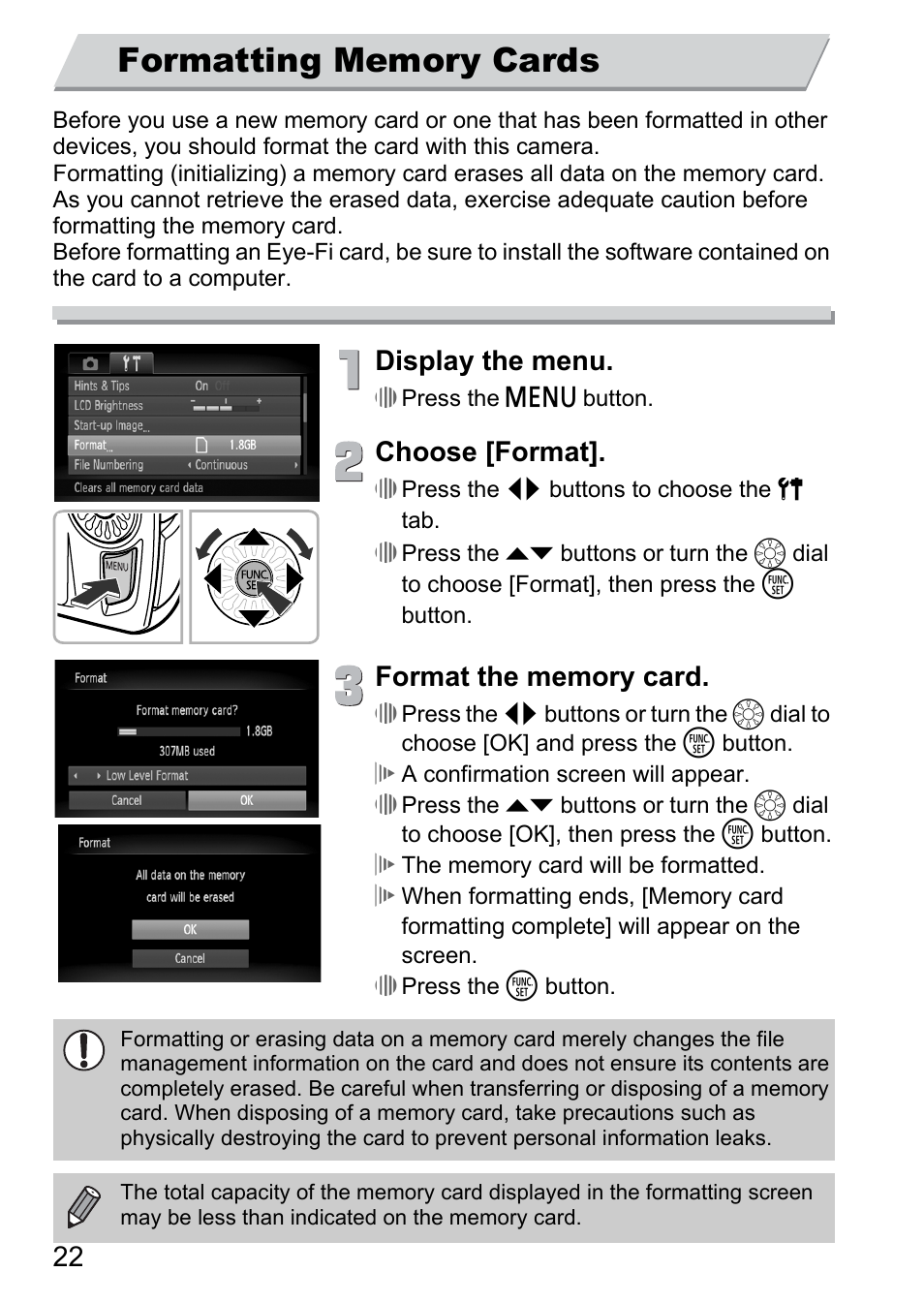 Formatting memory cards, Display the menu, Choose [format | Canon 300 HS User Manual | Page 22 / 178