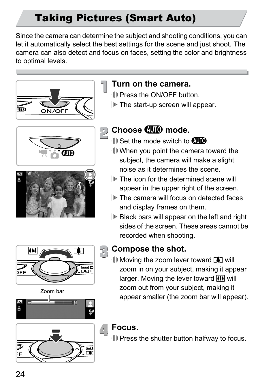 Taking pictures (smart auto), Turn on the camera, Choose a mode | Compose the shot, Focus | Canon 300 HS User Manual | Page 24 / 178