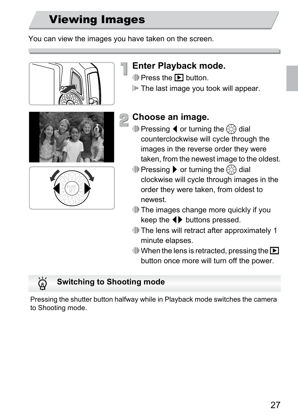 Viewing images, Enter playback mode, Choose an image | Canon 300 HS User Manual | Page 27 / 178