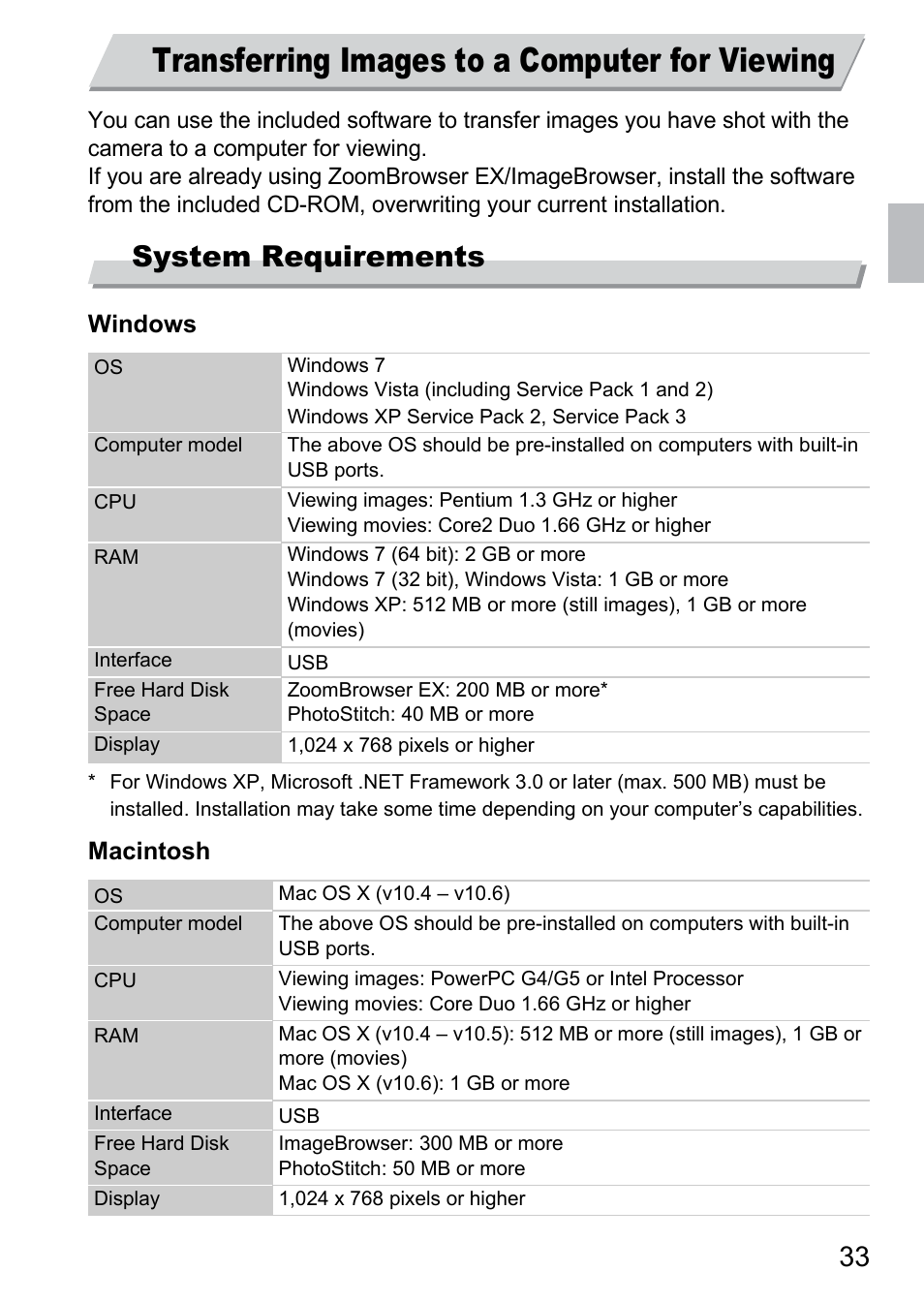 Transferring images to a computer for viewing, Transferring images to, A computer for viewing | System requirements | Canon 300 HS User Manual | Page 33 / 178