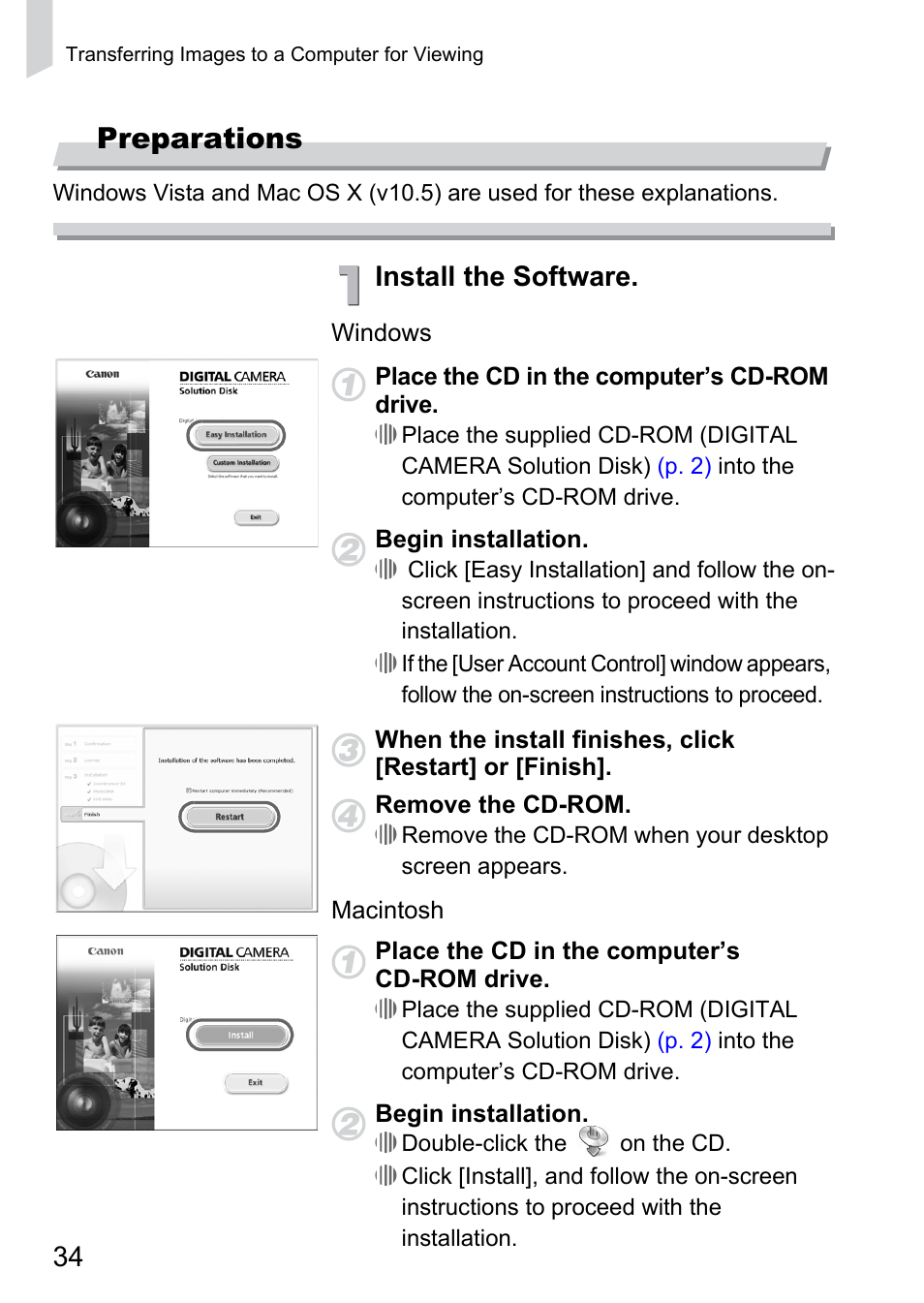 Preparations, Install the software | Canon 300 HS User Manual | Page 34 / 178