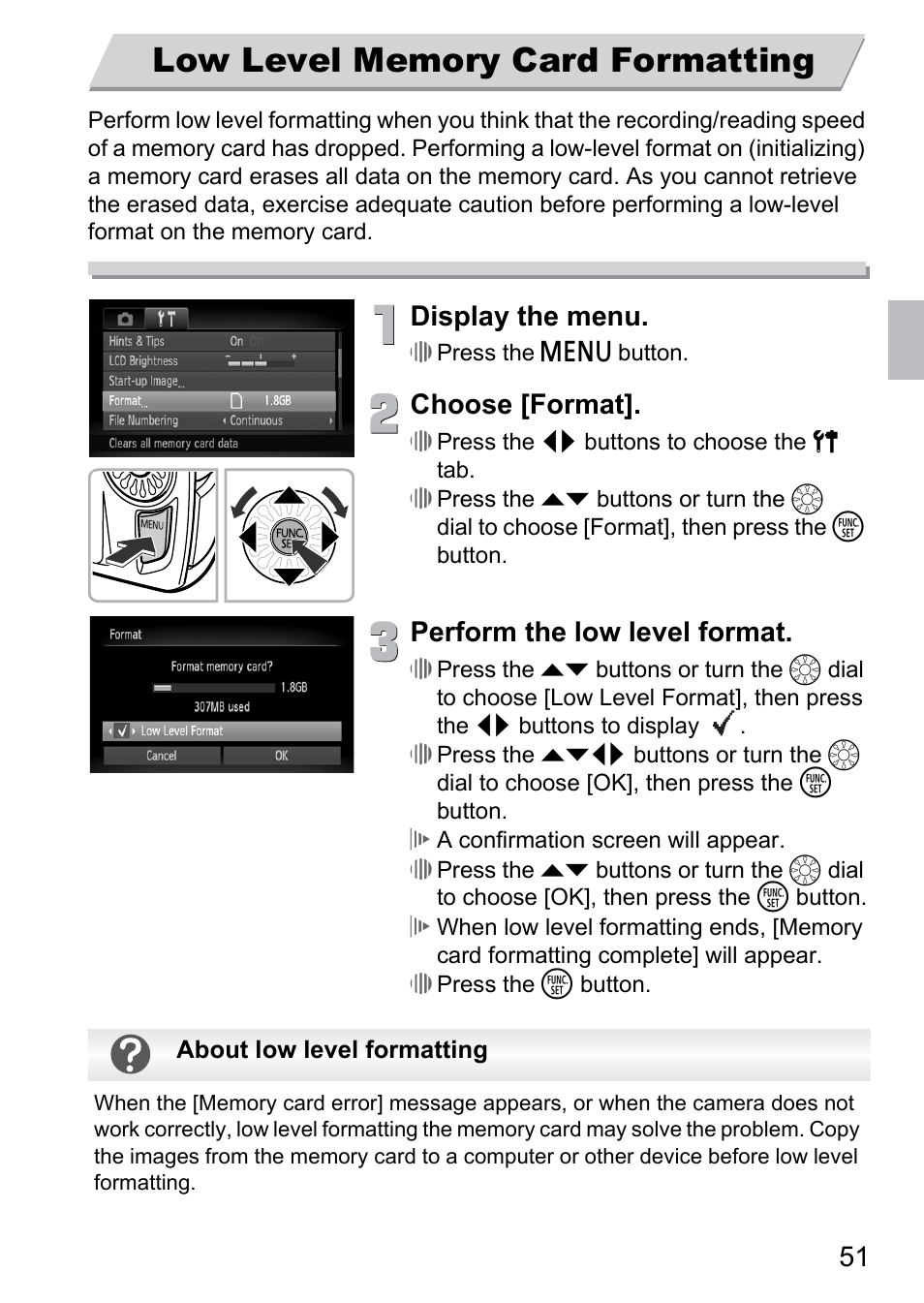 Low level memory card formatting, Low level memory card, Formatting | Display the menu, Choose [format, Perform the low level format | Canon 300 HS User Manual | Page 51 / 178