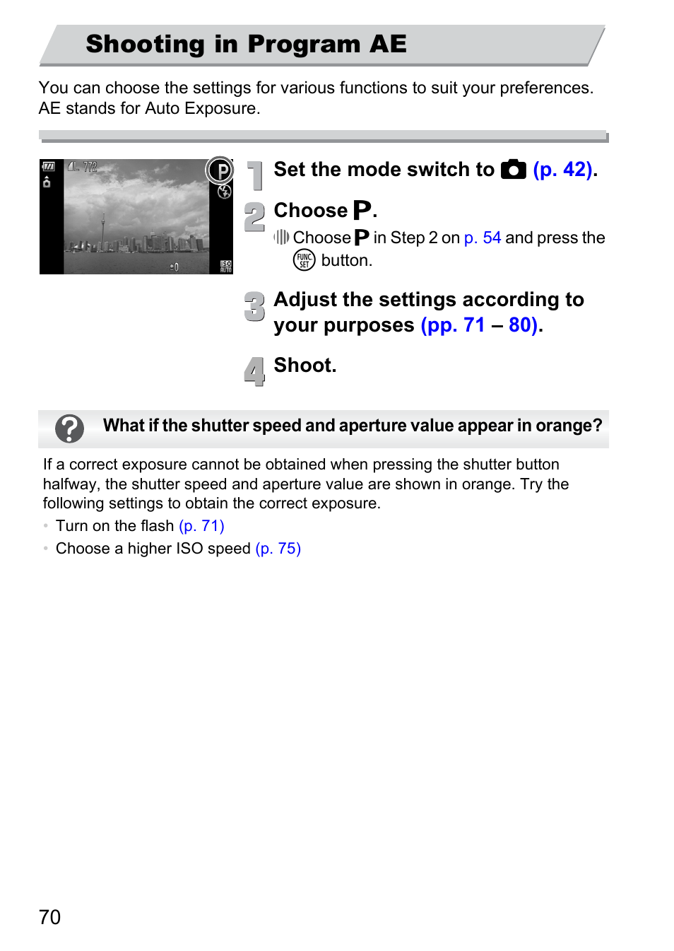 Shooting in program ae | Canon 300 HS User Manual | Page 70 / 178