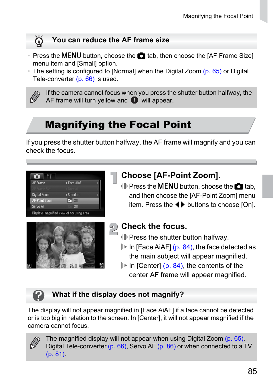 Magnifying the focal point, P. 85), Choose [af-point zoom | Check the focus | Canon 300 HS User Manual | Page 85 / 178