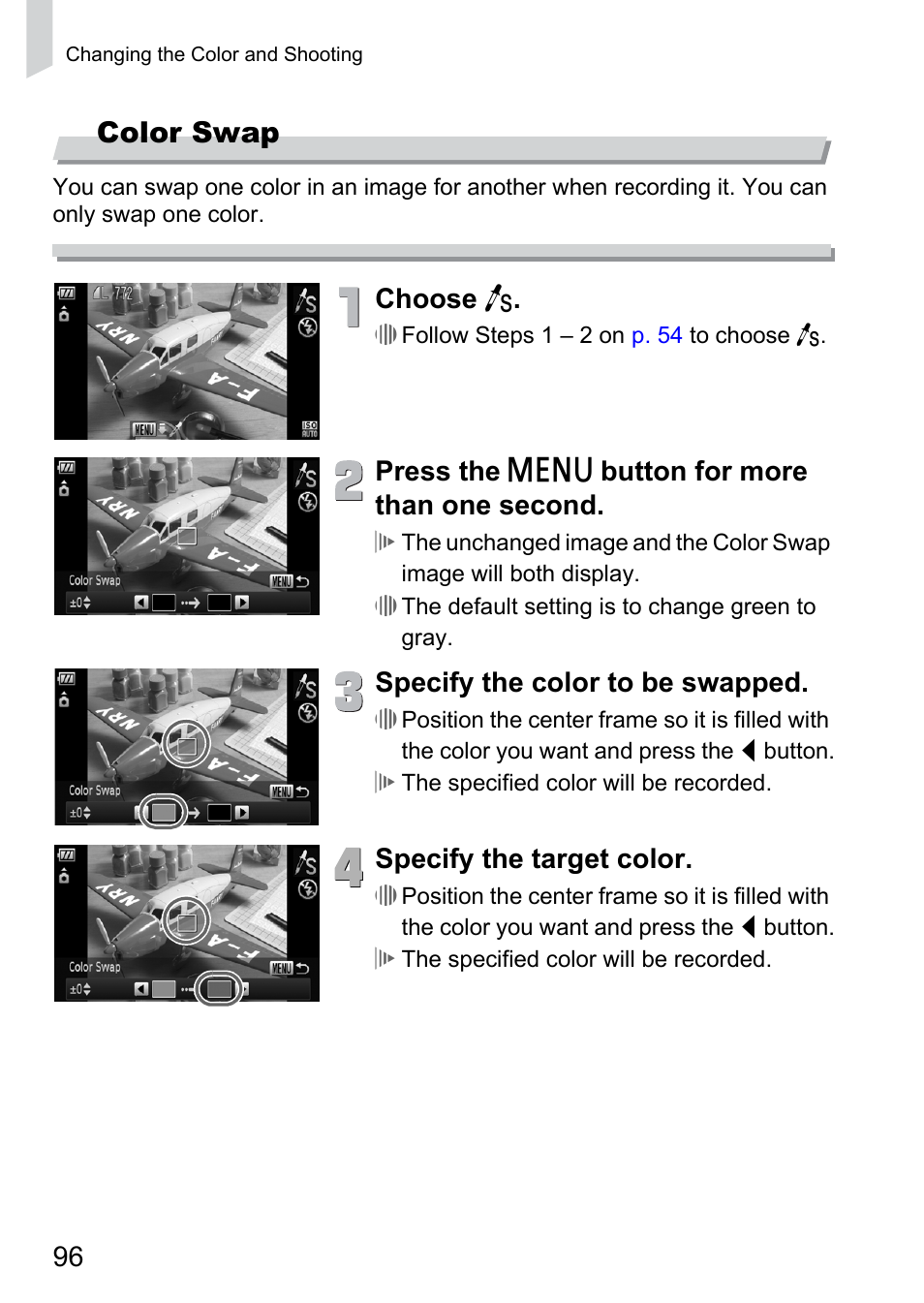 P. 96), Color swap, Choose y | Press the n button for more than one second, Specify the color to be swapped, Specify the target color | Canon 300 HS User Manual | Page 96 / 178