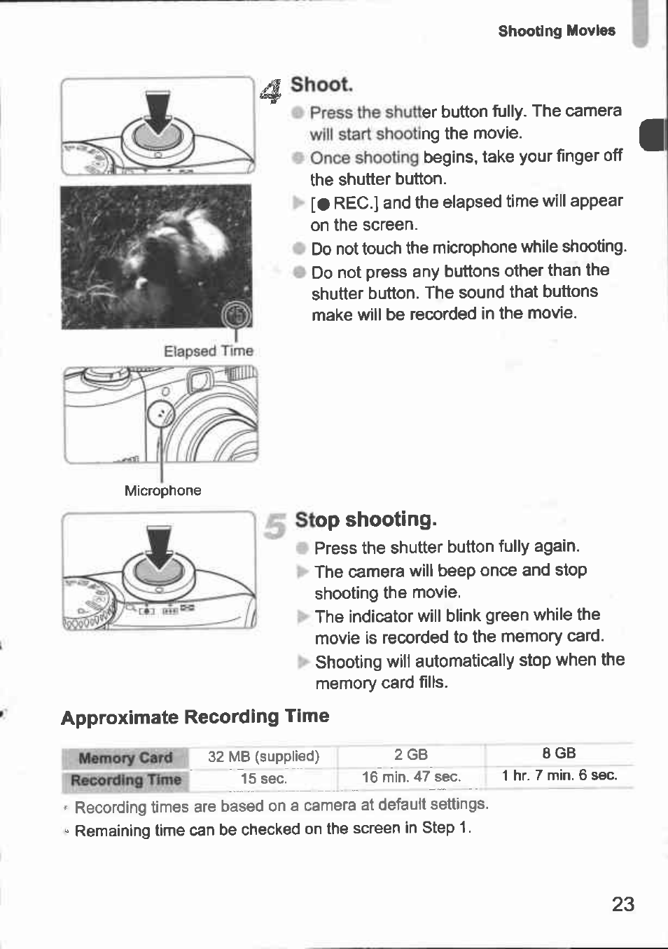 Shoot, Approximate recording time | Canon A1000 IS User Manual | Page 13 / 18