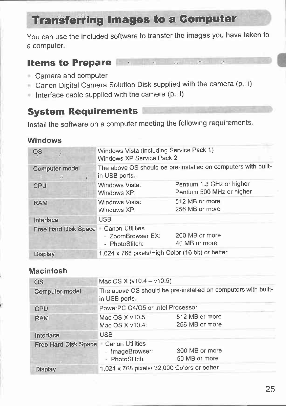 Items to prepare, System requirements, Transferring images to a computer | Windows, Macintosh | Canon A1000 IS User Manual | Page 14 / 18