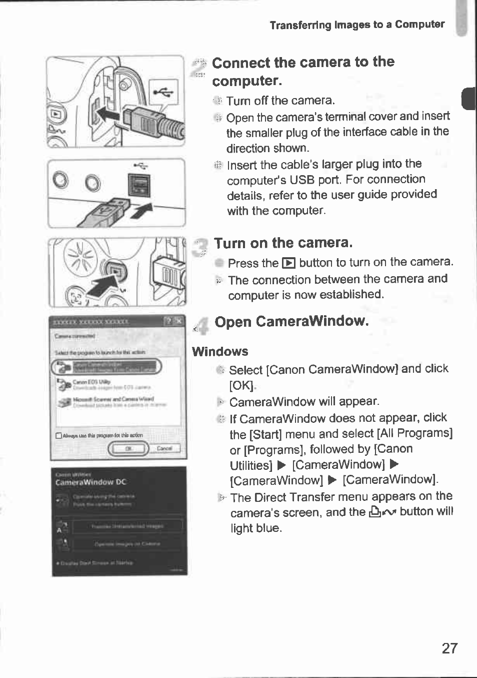 Connect the camera to the computer, Turn on the camera, Open camerawindow | Windows | Canon A1000 IS User Manual | Page 15 / 18