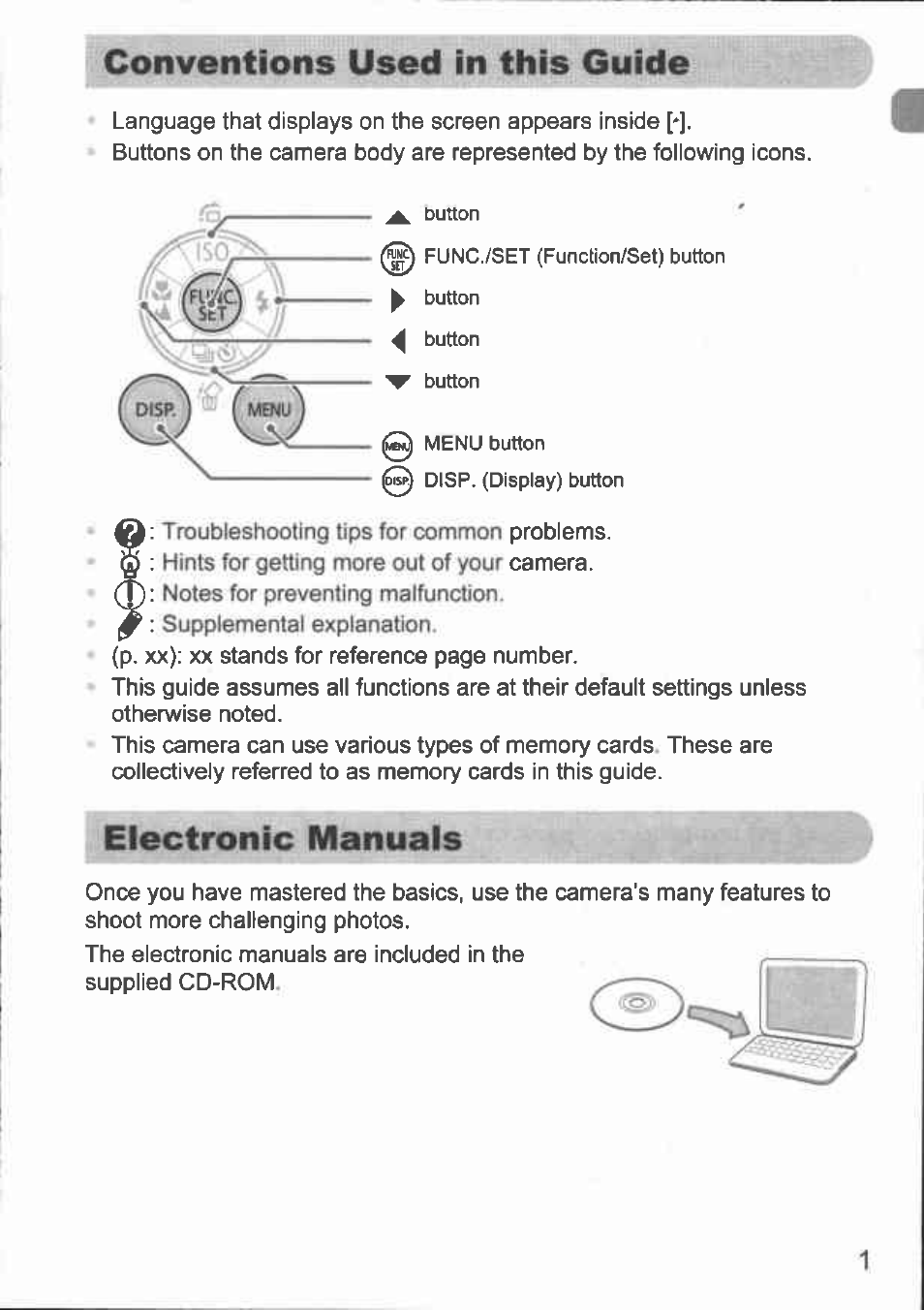 Electronic manuals, Conventions used in this guide | Canon A1000 IS User Manual | Page 2 / 18