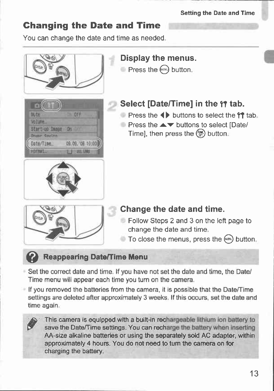 Changing the date and time, Select [date/time] in the tt tab, Change the date and time | Reappearing date/time menu | Canon A1000 IS User Manual | Page 8 / 18