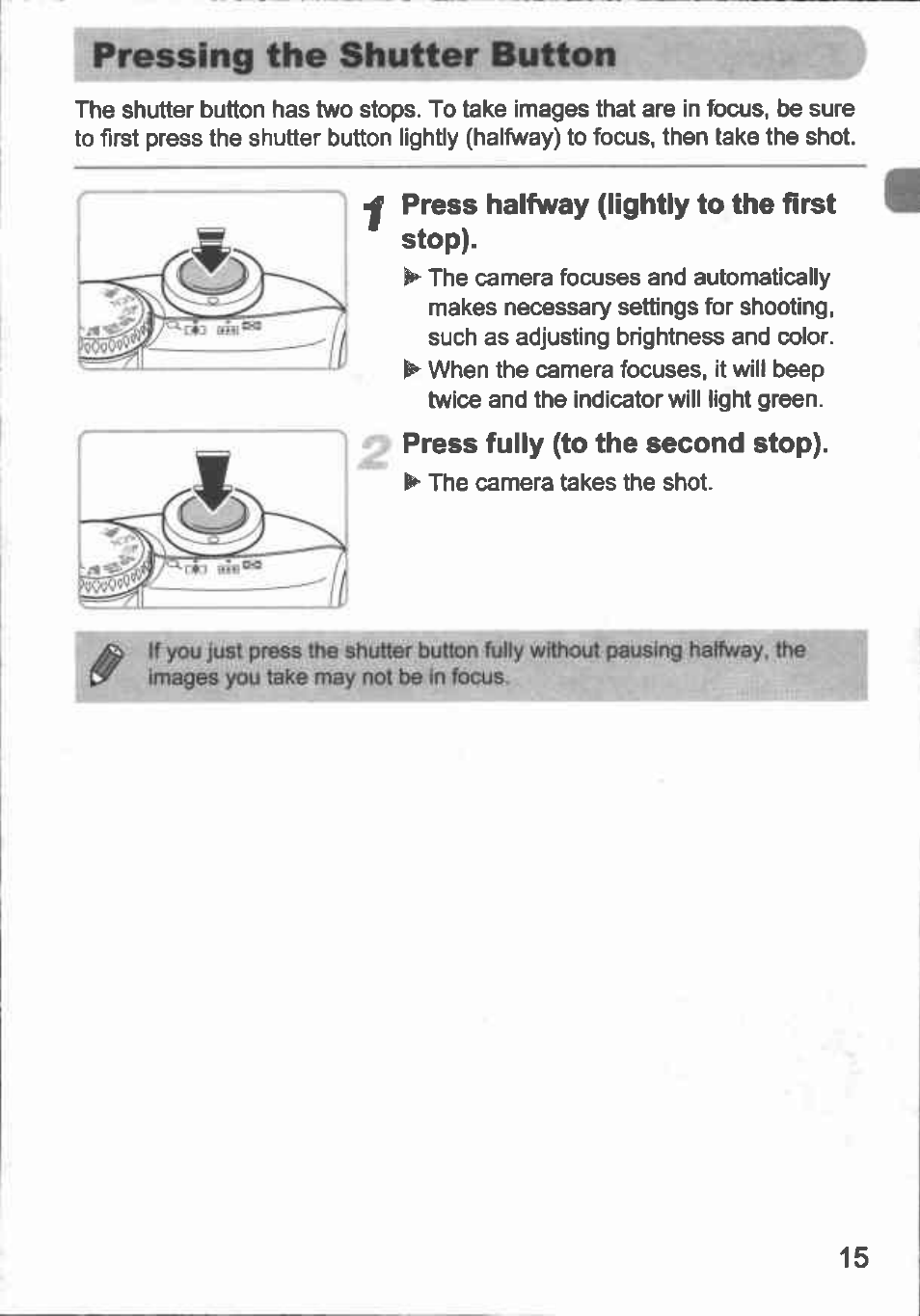 Press halfway (lightly to the first, Stop), Press fully (to the second stop) | Pressing the shutter button | Canon A1000 IS User Manual | Page 9 / 18