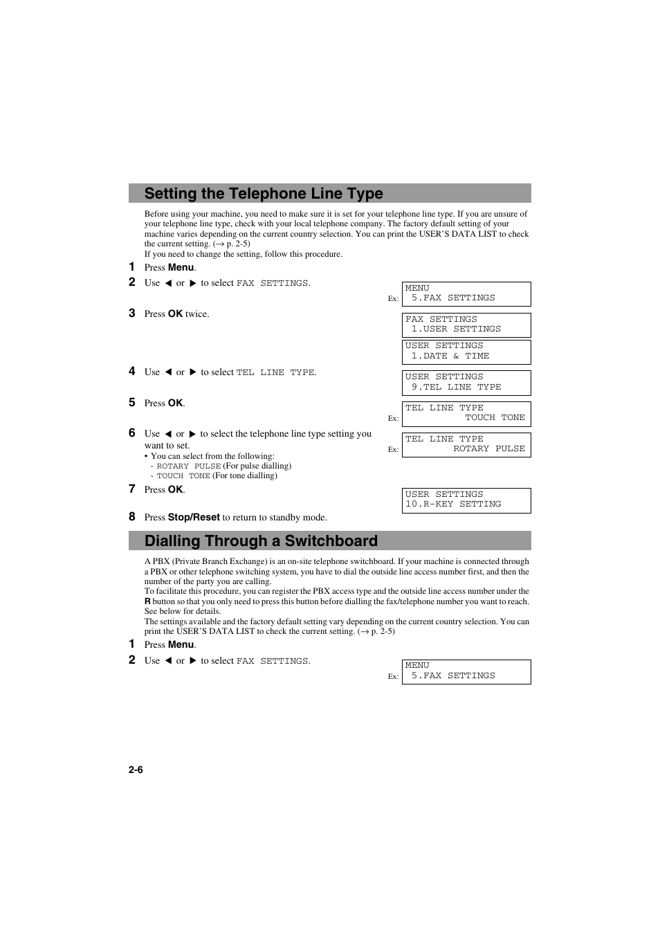 Setting the telephone line type, Dialling through a switchboard | Canon MPC600F/400 User Manual | Page 16 / 82