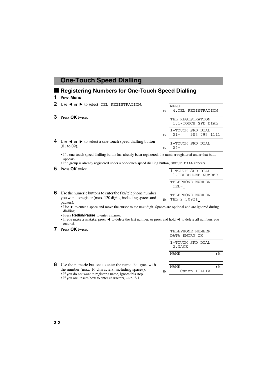 One-touch speed dialling, Registering numbers for one-touch speed dialling | Canon MPC600F/400 User Manual | Page 20 / 82