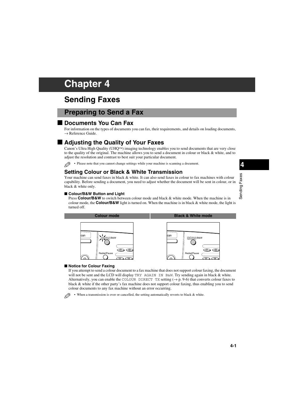 Chapter 4, Sending faxes, Preparing to send a fax | Documents you can fax, Adjusting the quality of your faxes, Setting colour or black & white transmission | Canon MPC600F/400 User Manual | Page 29 / 82