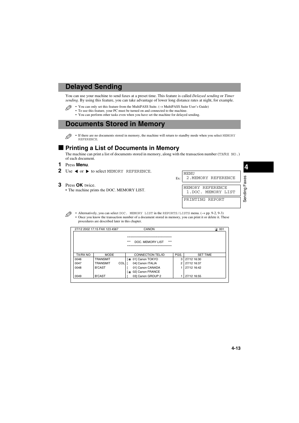 Delayed sending, Documents stored in memory, Printing a list of documents in memory | Canon MPC600F/400 User Manual | Page 41 / 82