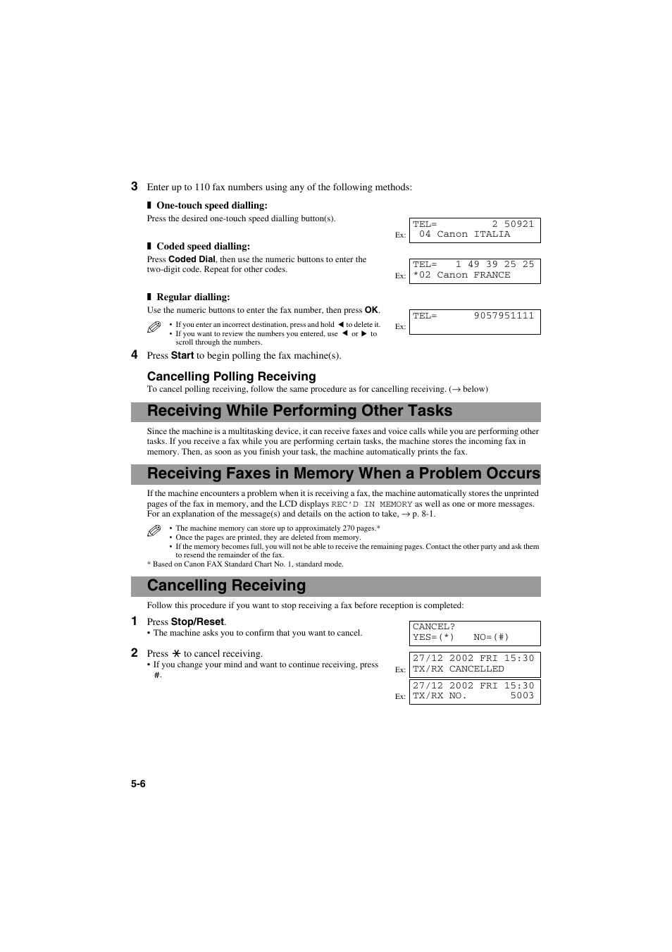 Receiving while performing other tasks, Receiving faxes in memory when a problem occurs, Cancelling receiving | Cancelling polling receiving | Canon MPC600F/400 User Manual | Page 50 / 82