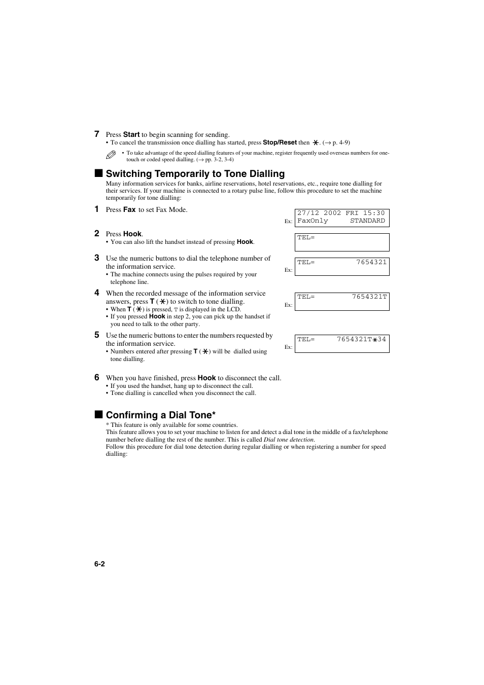 Switching temporarily to tone dialling, Confirming a dial tone | Canon MPC600F/400 User Manual | Page 52 / 82