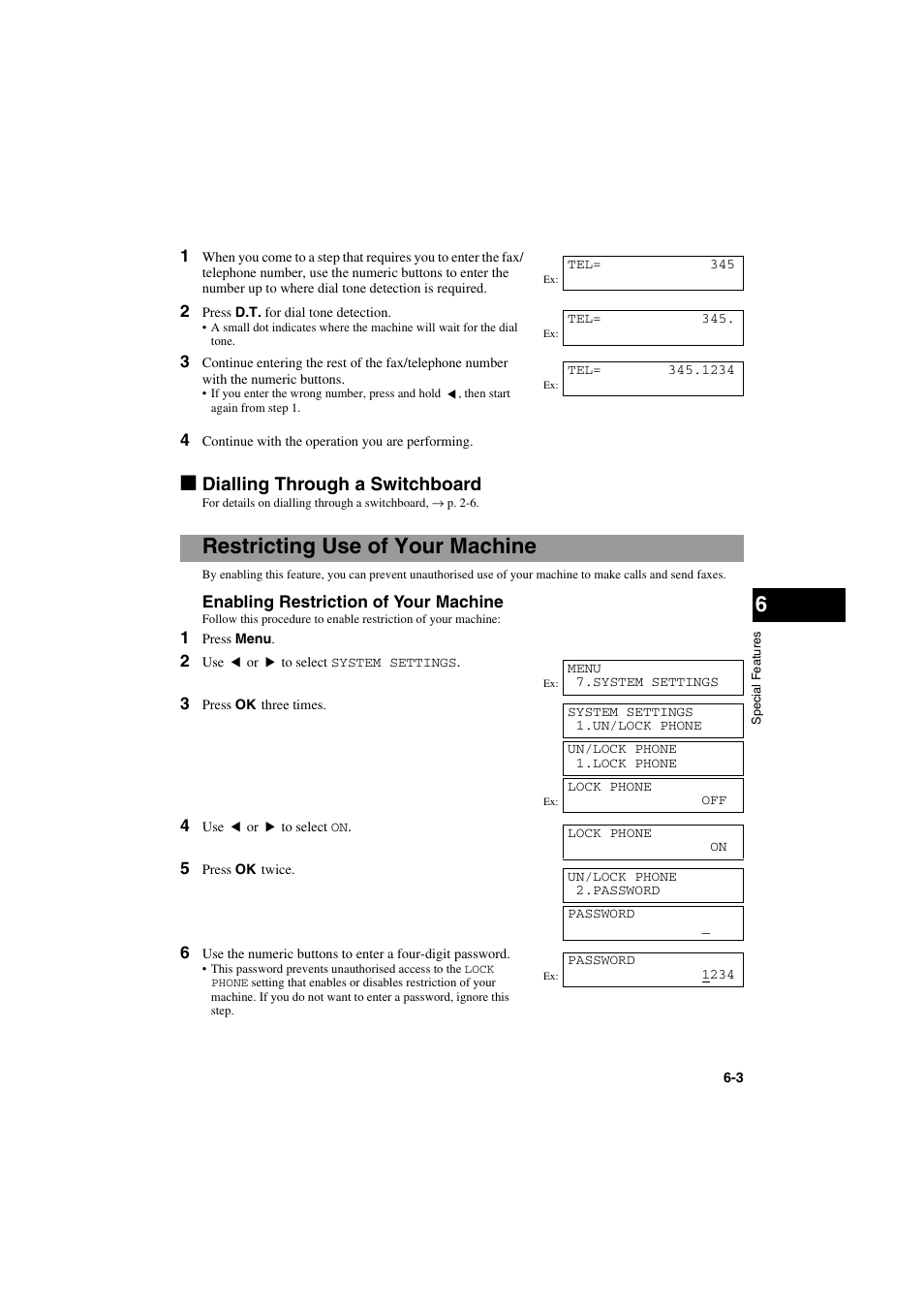 Dialling through a switchboard, Restricting use of your machine | Canon MPC600F/400 User Manual | Page 53 / 82